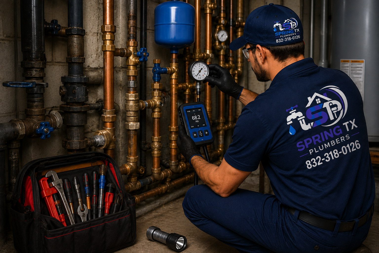 Professional plumbing inspection showing pressure testing